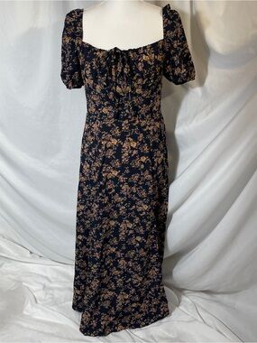 Midnight Navy Floral Puff Sleeve Cottagecore Midi Dress M US 6